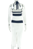 Black White Sexy Contrast Halter Wrapped Skirt Dresses