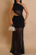 Black Sexy Solid Color See-Through Mesh Oblique Collar Long Dresses