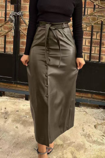 Dark Brown Casual Solid Color Strap Design Straight High Waist Patchwork Bottoms