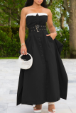 Black Sexy Solid Color Buckle With Belt Strapless Long Dresses