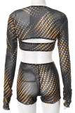 Black Sexy Print Patchwork Strapless Long Sleeve Three Pieces