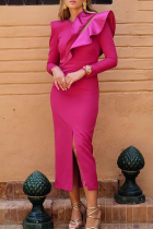 Rose Red Elegant Solid Color Slit Flounce O Neck Long Dresses