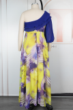 Orange Elegant Print Flounce Oblique Collar Long Plus Size Dresses