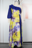 Orange Elegant Print Flounce Oblique Collar Long Plus Size Dresses