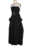 Black Sexy Solid Color Buckle With Belt Strapless Long Dresses