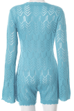 Blue Sexy Solid Color Hollow Out Deep V Neck Skinny Rompers