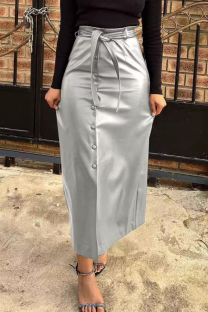 Silver Casual Solid Color Strap Design Straight High Waist Patchwork Bottoms