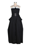 Black Sexy Solid Color Buckle With Belt Strapless Long Dresses