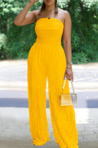 Yellow Sexy Ripple Patchwork Strapless Loose Jumpsuits
