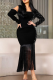 Black Sexy Solid Color Fringed Trim Hot Drill Square Neck Long Dresses