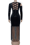 Black Sexy Solid Color Fringed Trim Hot Drill Square Neck Long Dresses