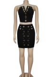 Black Sexy Solid Color Patchwork Strapless Sleeveless Two Pieces