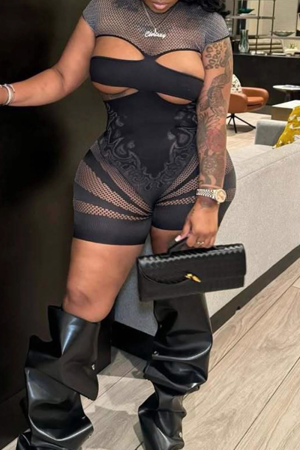 Black Sexy Solid Color Hollow Out O Neck Skinny Rompers