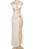 White Sexy Solid Color Hollow Out High Slit Halter Long Dresses