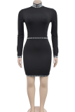 Black Casual Solid Color Hot Drill O Neck Wrapped Skirt Dresses