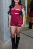 Red Sexy Solid Color Hollow Out O Neck Skinny Rompers