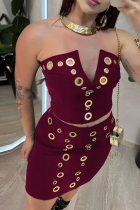 Burgundy Sexy Solid Color Patchwork Strapless Sleeveless Two Pieces
