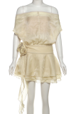 Khaki Sexy Solid Color Flower Shape Off Shoulder Mesh Dresses
