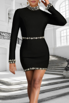 Black Casual Solid Color Hot Drill O Neck Wrapped Skirt Dresses