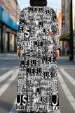 Black And White Casual Print O Neck Long Plus Size Dresses
