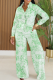 Green Casual Print Buckle Turndown Collar Long Sleeve Two Pieces