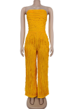 Orange Sexy Ripple Patchwork Strapless Loose Jumpsuits