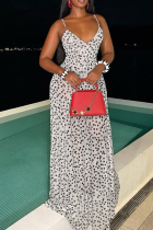 White Sexy Polka Dot Patchwork Spaghetti Strap Long Dresses