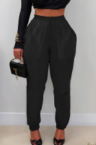 Black Casual Solid Color Pocket Bodycon Mid Waist Conventional Patchwork Bottoms