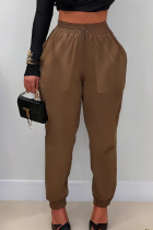 Dark Brown Casual Solid Color Pocket Bodycon Mid Waist Conventional Patchwork Bottoms