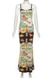 Yellow Sexy Print Patchwork Spaghetti Strap Long Dresses