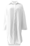White Casual Solid Color Buckle Shirt Collar Shirt Dresses