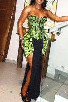 Green Sexy Print Backless Strapless Long Dresses