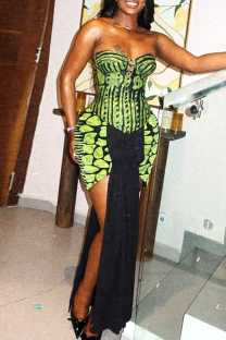 Green Sexy Print Backless Strapless Long Dresses