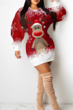 Red Casual Wapiti Patchwork O Neck Wrapped Skirt Dresses
