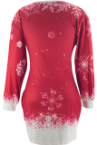 Red Casual Wapiti Patchwork O Neck Wrapped Skirt Dresses