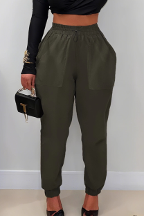 Army Green Casual Solid Color Pocket Bodycon Mid Waist Conventional Patchwork Bottoms