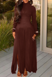 Black Elegant Solid Color Slit Turtleneck Long Dresses