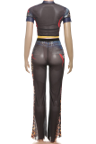 Leopard Print Casual Print Patchwork O Neck Short Sleeve Two Pieces