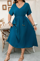 Blue Casual Solid Color Draw String V Neck Long Plus Size Dresses