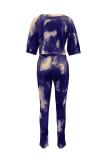 Yellow Casual Tie Dye Patchwork O Neck Short Sleeve Two Pieces