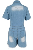 Light Blue Casual Solid Color Fringed Trim Buckle Turndown Collar Short Sleeve Regular Denim Jumpsuits