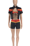 Red Sexy Zipper Contrast Zipper Collar Short Sleeve Three Pieces