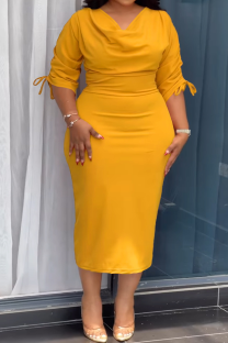 Yellow Elegant Solid Color Draw String V Neck Wrapped Skirt Plus Size Dresses
