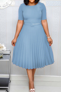Sky Blue Casual Solid Patchwork Tear With Belt O Neck A Line Dresses