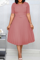 Pink Casual Solid Patchwork Tear With Belt O Neck A Line Dresses
