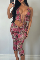 Red Sexy Print Strap Design Spaghetti Strap Sleeveless Two Pieces