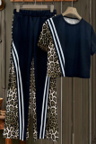 Black Casual Leopard Print Contrast O Neck Short Sleeve Two Pieces