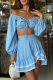 Blue Sexy Solid Color Lace Off Shoulder Long Sleeve Two Pieces