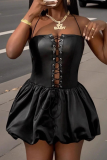 Black Sexy Solid Color Cross Straps Spaghetti Strap Bud Dresses