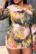Pink Sexy Print Patchwork Asymmetrical Collar Wrapped Skirt Dresses